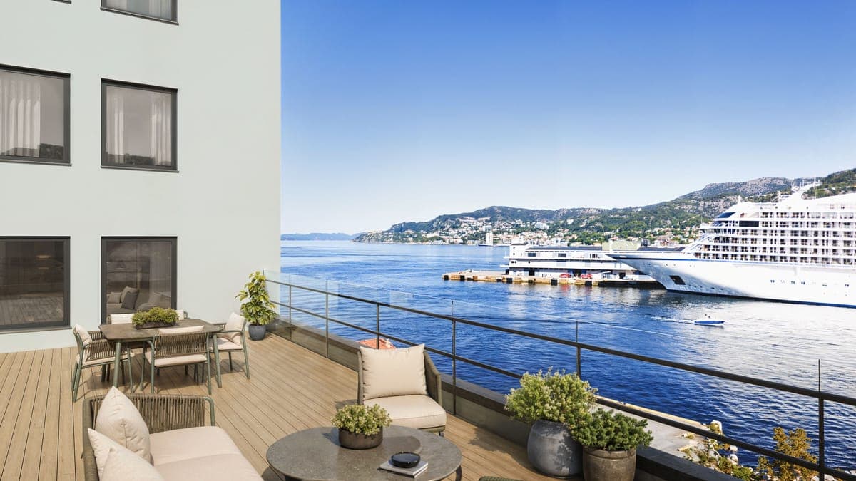 Nordnes Park utsikt fra privat takterrasse mot Vågen i Bergen.